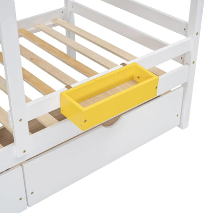 House Twin Over Twin Bunk Beds w/Storage Drawers & Shelf