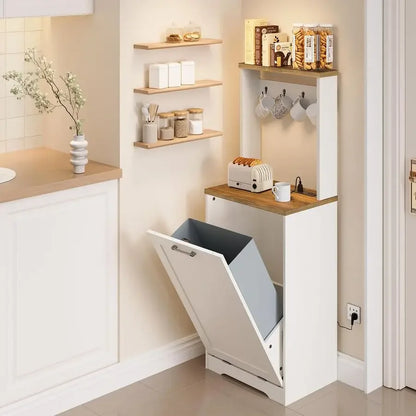 10gl. Coffee Bar, Kitchen Trash Bin Cabinet w/Hooks, Charging