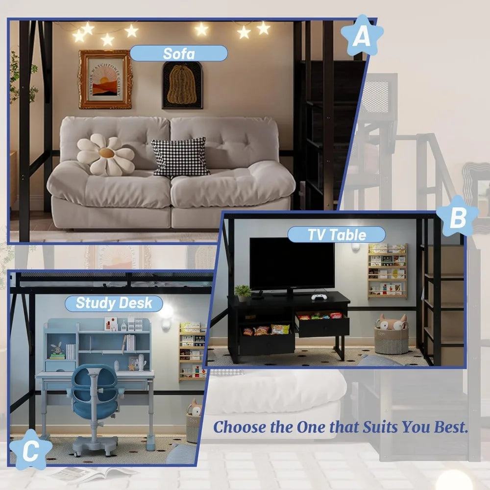 Full Size Metal Loft Bed with Stairs, Storage Shelves