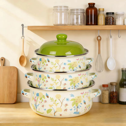 Retro 3pc Flat Bottom Vintage Enamel Stock Pot Set w/Lid, 34oz/51oz/68oz