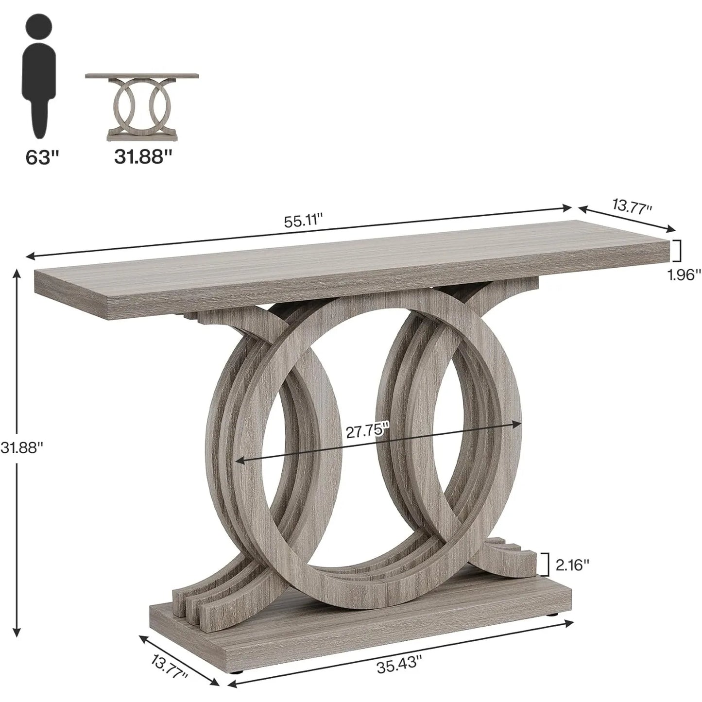 Modern 55"Console Table w/Geometric Wood Base, Modern