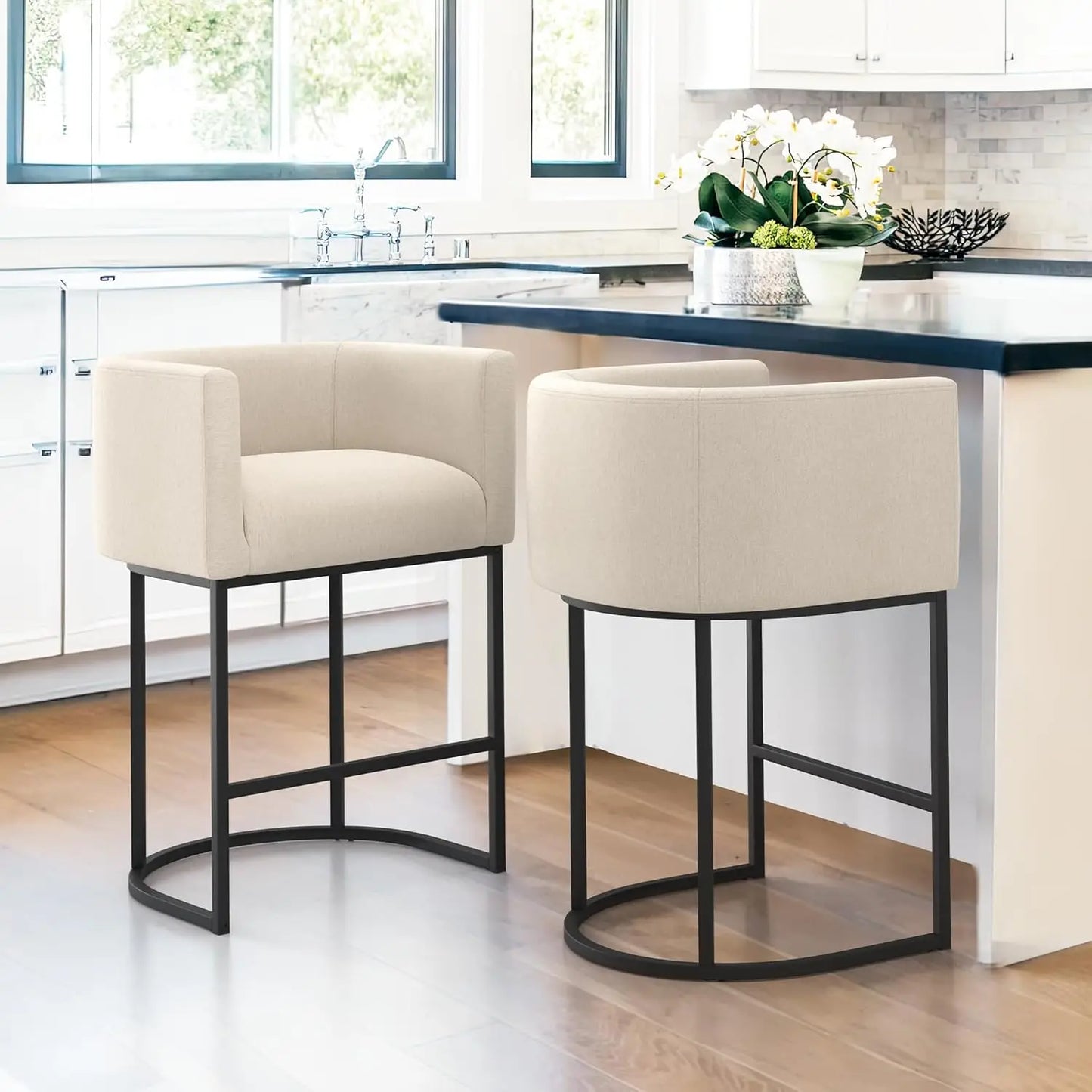 Set (2) 27" Modern Counter Stools w/Backrest and Arms, Black Frames