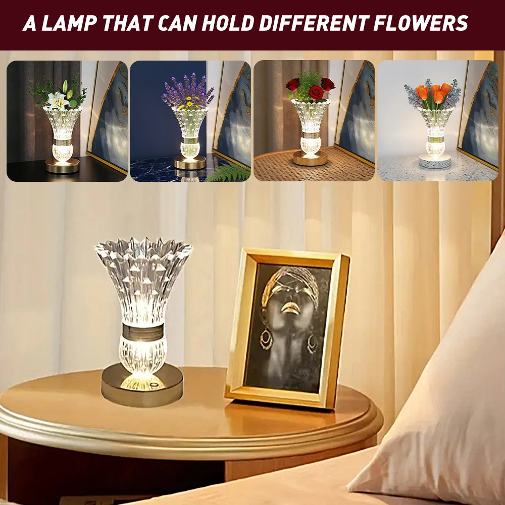 Multi-purpose Crystal Vase LED Table Lamp One Touch Switch, Rechargeable