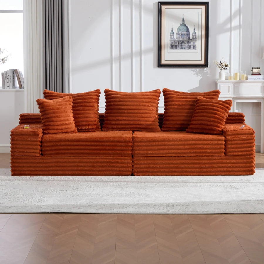 Oversized Boneless Four Seat Sofa w/ 3 Pillows, Cup Holder and Side Pockets