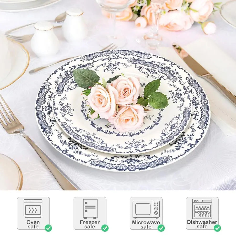 Ceramic Diner Plates Set of 6, Microwave Safe, Blue Rose/White