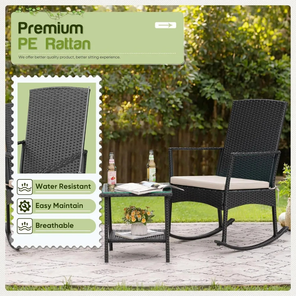 Outdoor High Back Rocking Chair Set w/Glass Table, Beige