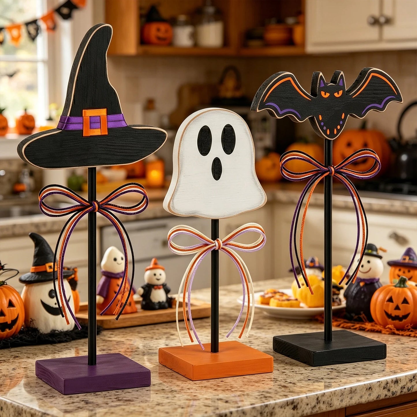 Halloween 3pc Assorted Ornaments Set, Wooden Tabletop, Witch Hat, Ghost, Bat with Ribbon