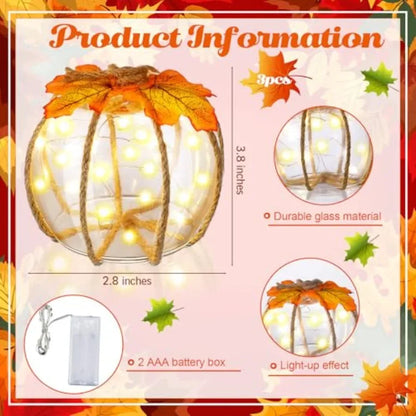 3pc Fall Glass Pumpkin Lights, Centerpieces Autumn Harvest Pumpkin, Battery