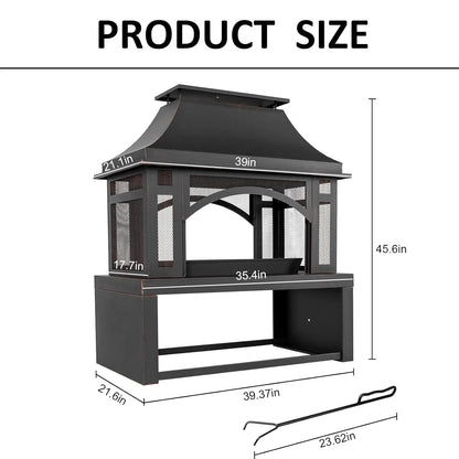 39" Large Wood Burning Outdoor Fireplace w/Chimney, Storage