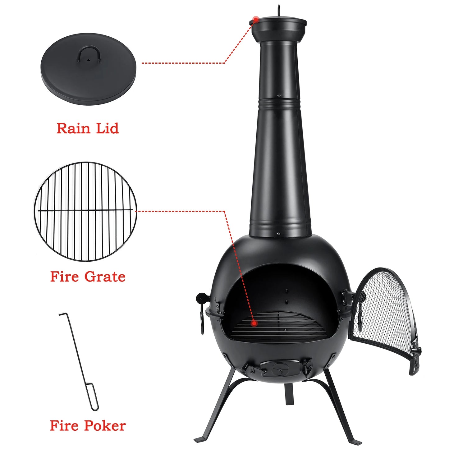 Outdoor Chiminea Fireplace, Rust-Free Iron Black