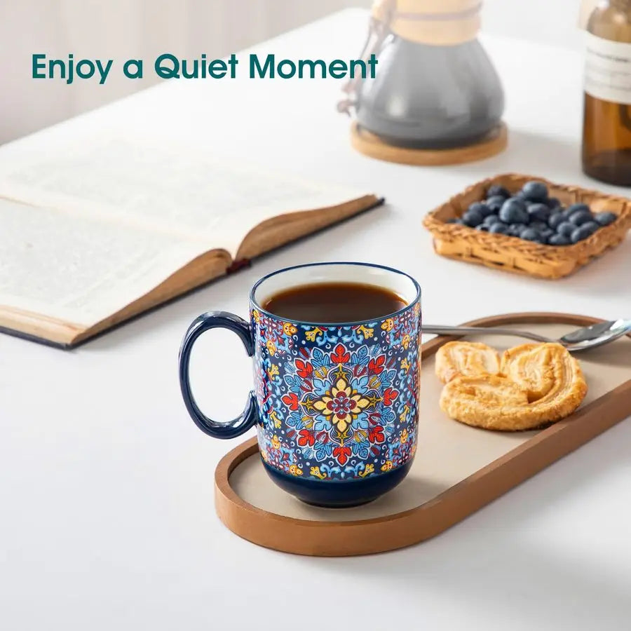 Boho Coffee Mugs Set of 6, 14 oz with Handle