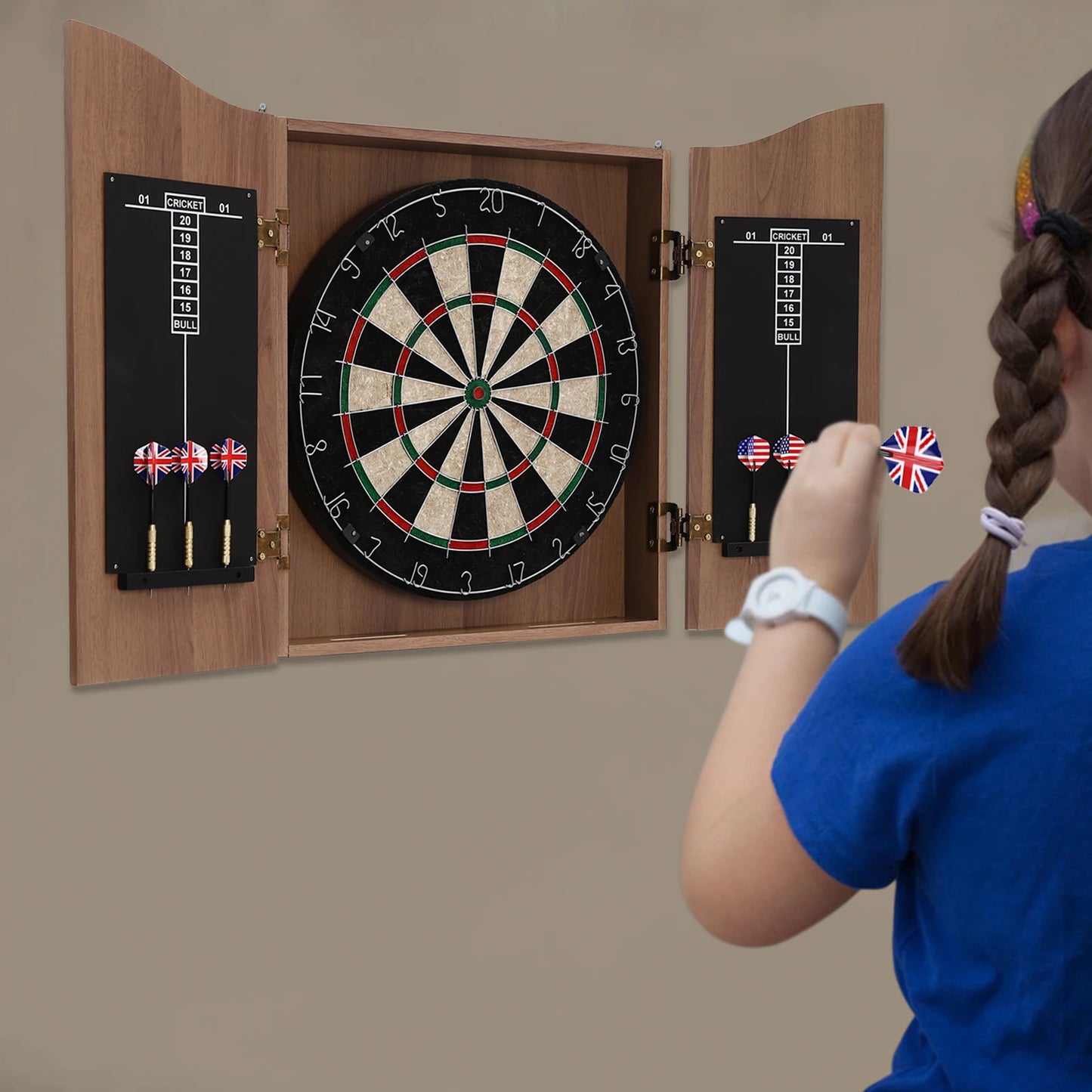 Classic Wall-Mounted Dartboard Cabinet, Set W/6* Darts
