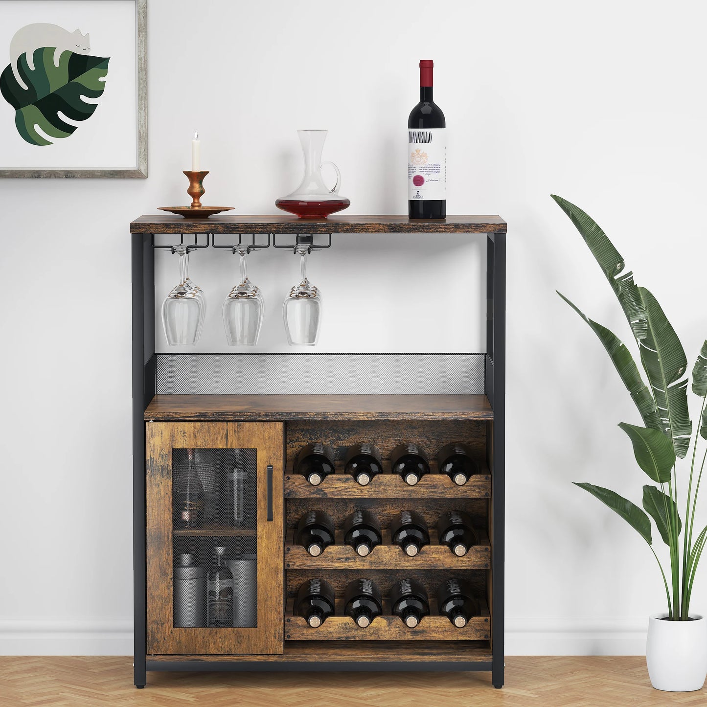 3-Tier Wine Bar Cabinet w/Adjustable Shelves & Glass Holders