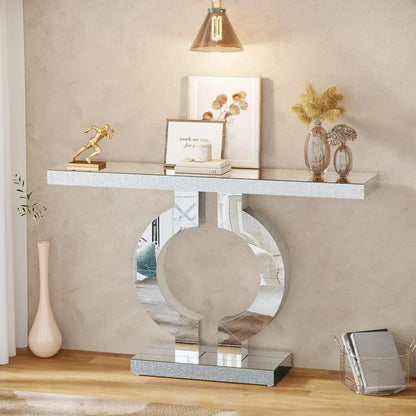 Mirrored Console Table with O-Shaped Base, Rectangle Accent Table