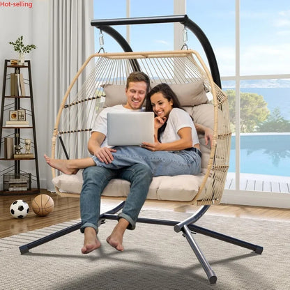 2 Person Hanging Wicker Egg Swing Chair with Stand