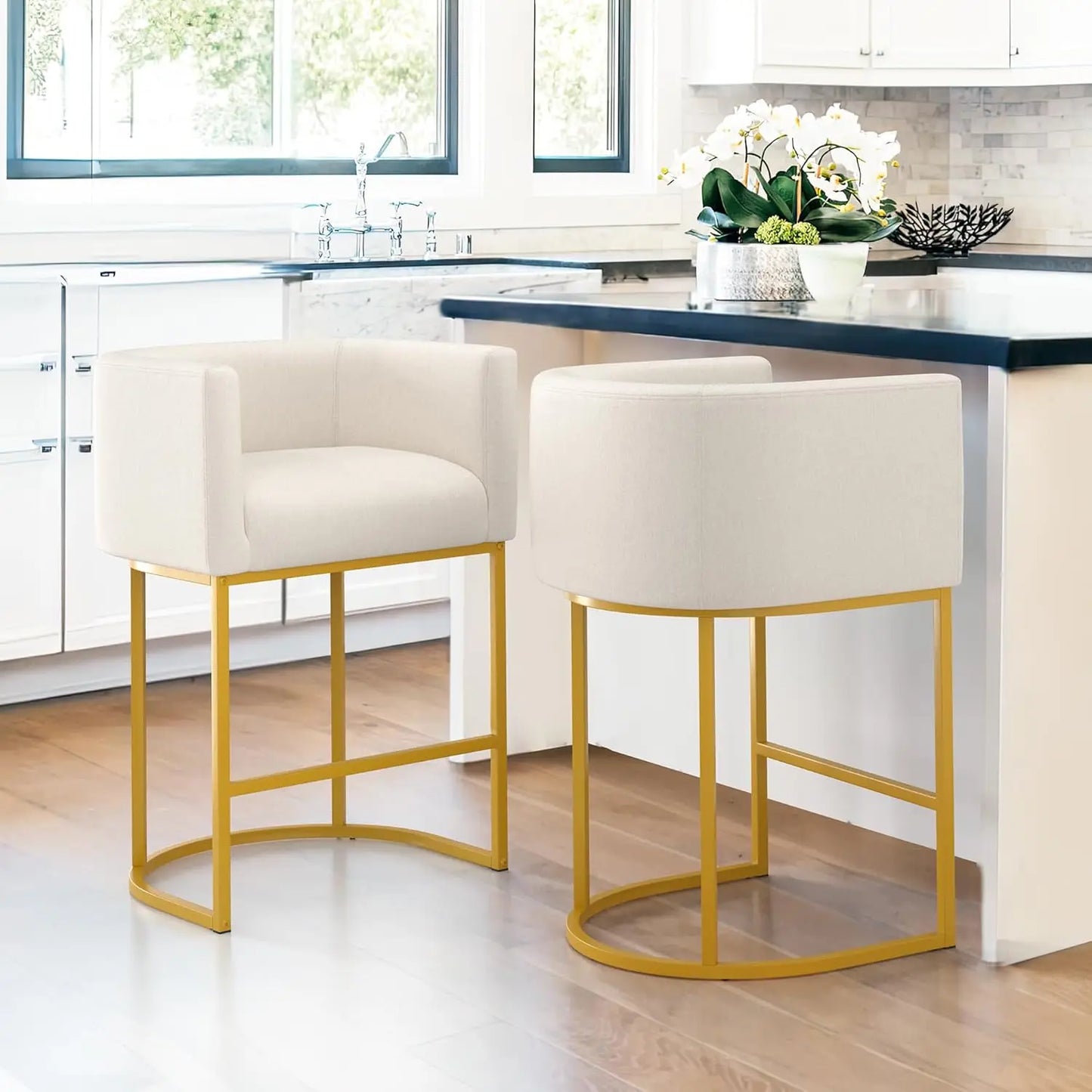 Set (2) 27" Modern Counter Stools w/Backrest and Arms, Black Frames