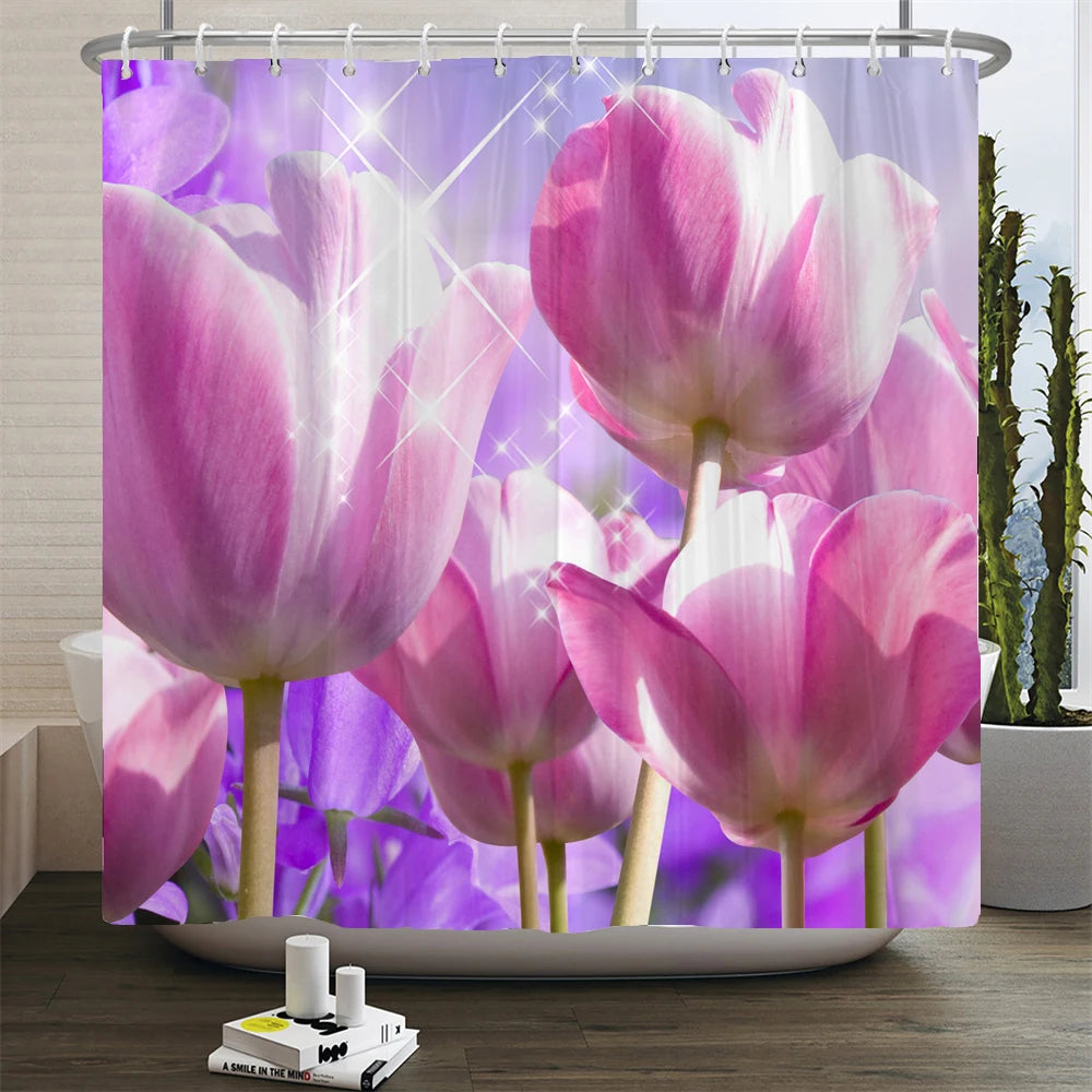 Waterproof Polyester Fabric Bathroom Curtain w/12 Hooks