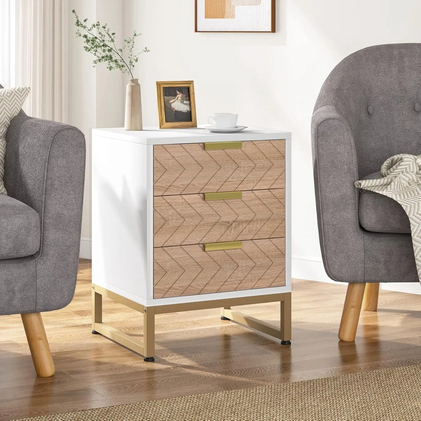 3 Drawers Nightstand w/Unique Chevron Design
