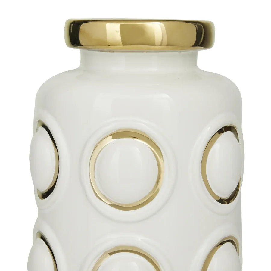 12" White Ceramic Vase with Gold Circle Accents