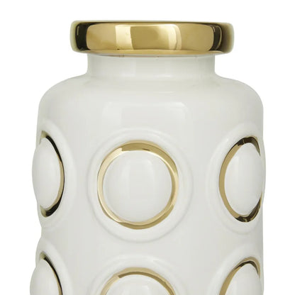 12" White Ceramic Vase with Gold Circle Accents