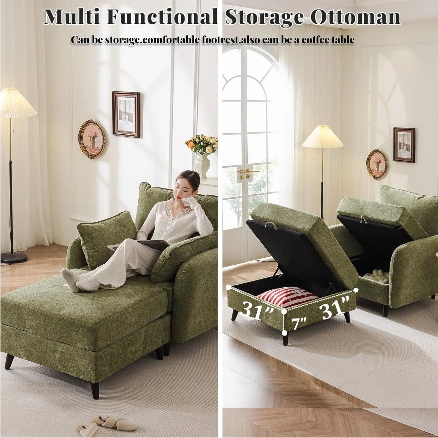 Oversized Deep Seat (24.5") Accent Chair w/Ottoman, Storage