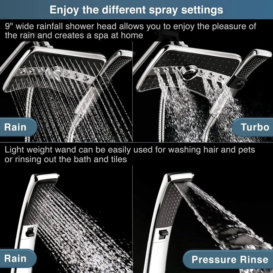 Rainfall Shower Head Combo w/Black Face, 60" Stainless Hose