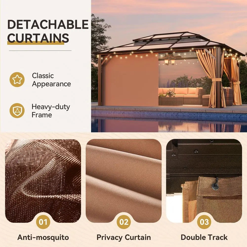 12x16 Outdoor Gazebo w/Double Polycarbonate Roof, Netting and Curtain