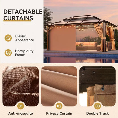 12x16 Outdoor Gazebo w/Double Polycarbonate Roof, Netting and Curtain