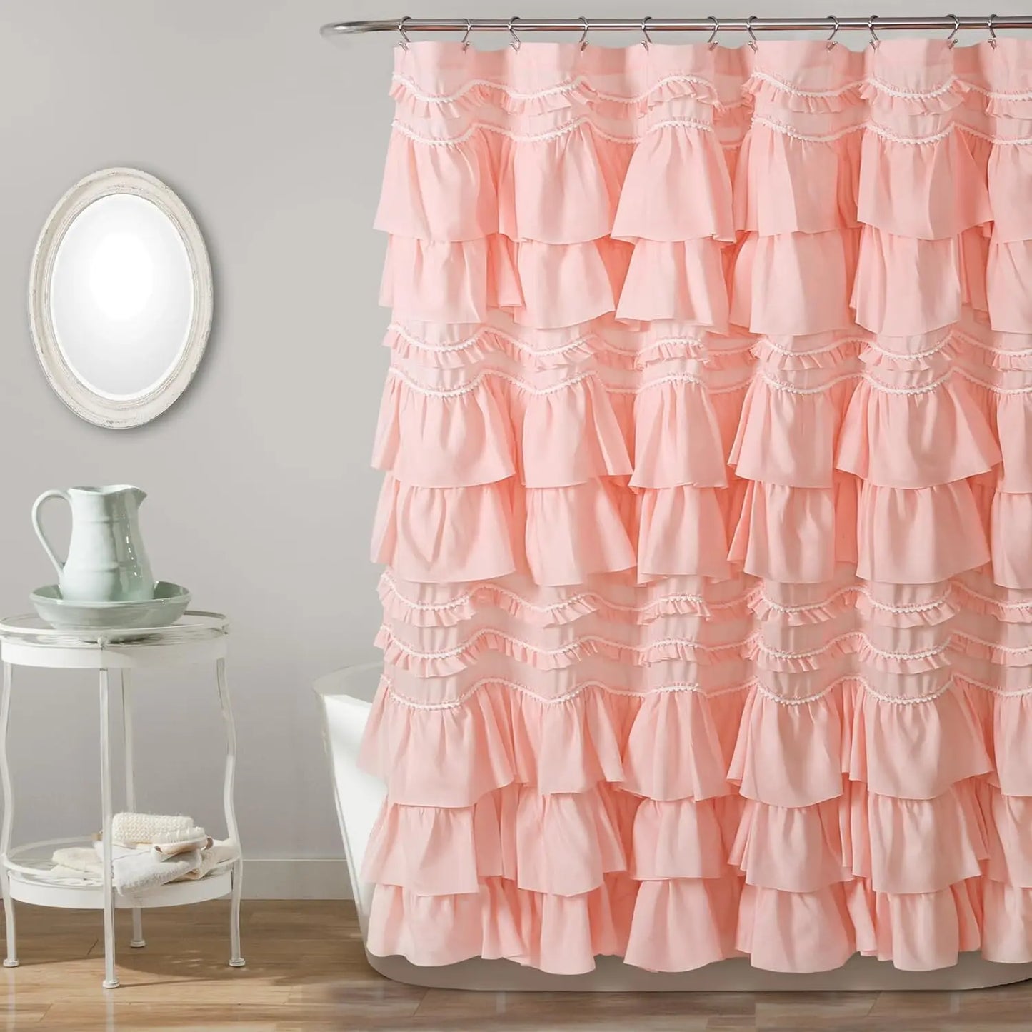 Ruffled Shower Curtain w/Pom Pom Trim, 72"x72"