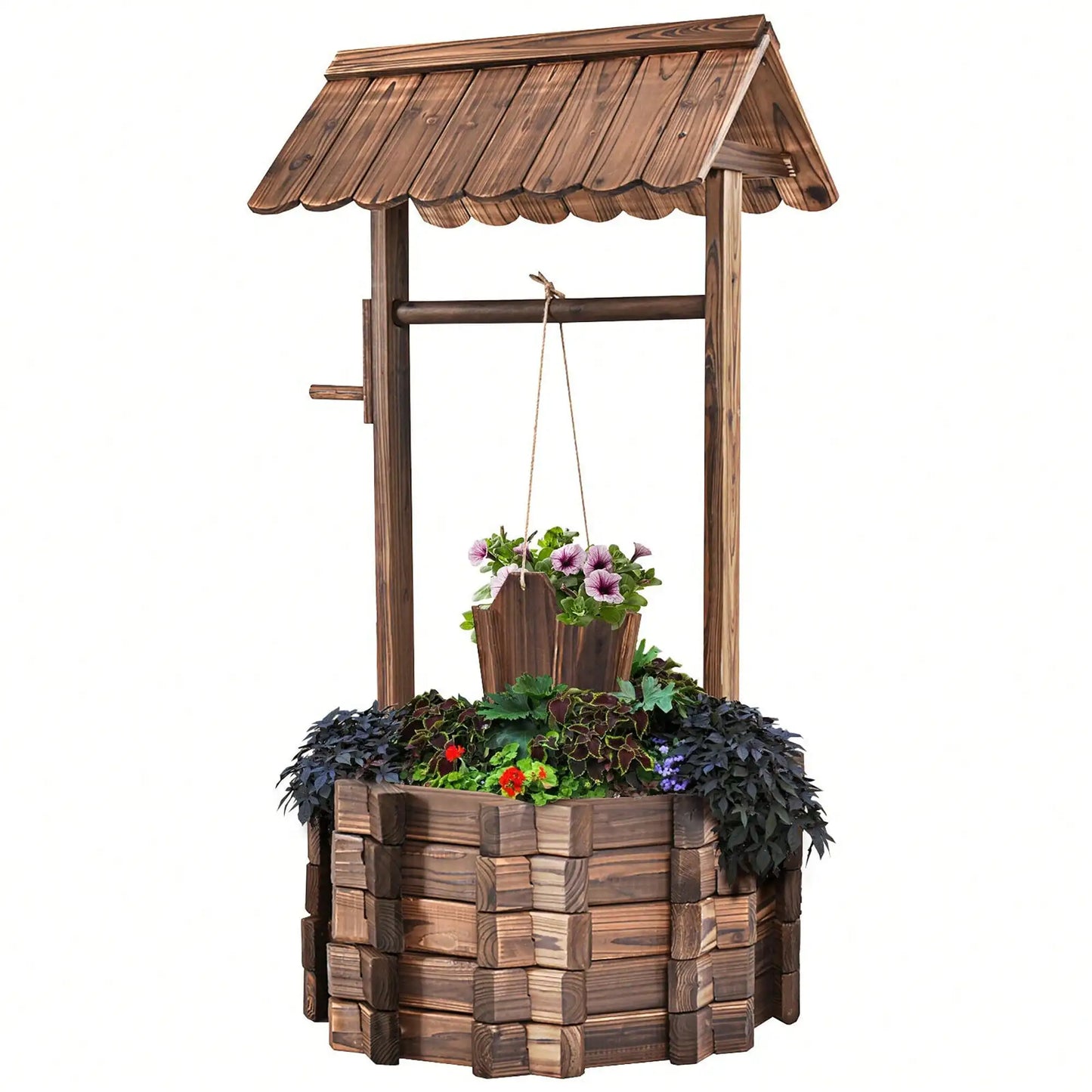 Outdoor Wooden Wishing Well, Flower Bucket Planter