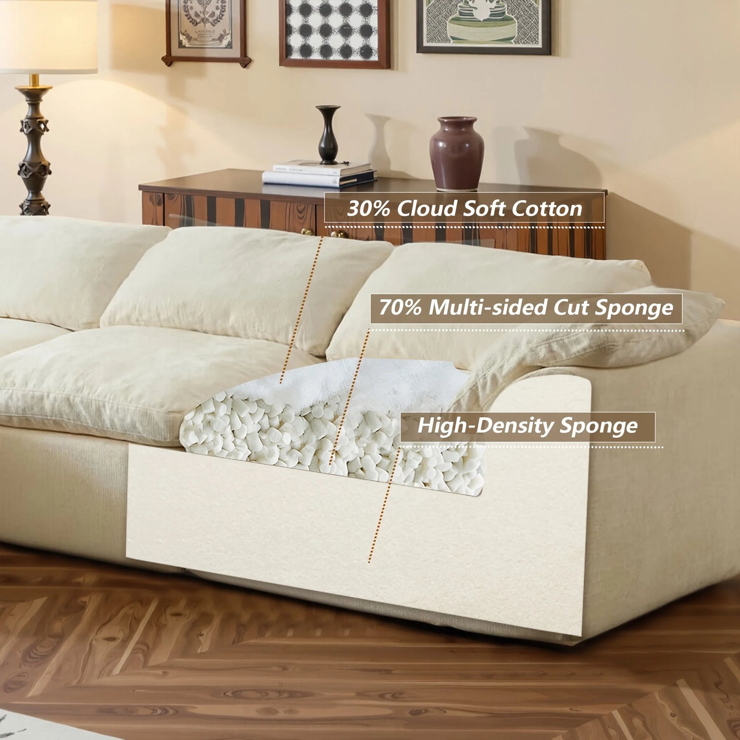 L-Shaped Modular Sofa, Boneless Design, Ultra-Soft Comfort, Ottoman