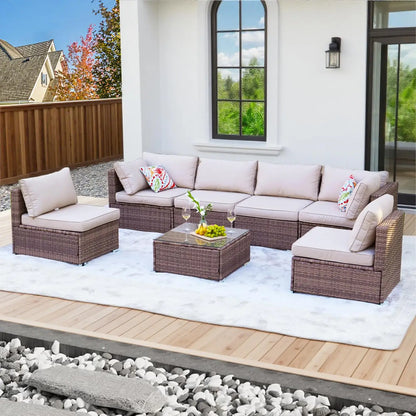 7pc Patio Sectional Wicker Sofa Set, All-Weather Cushions, Glass Table