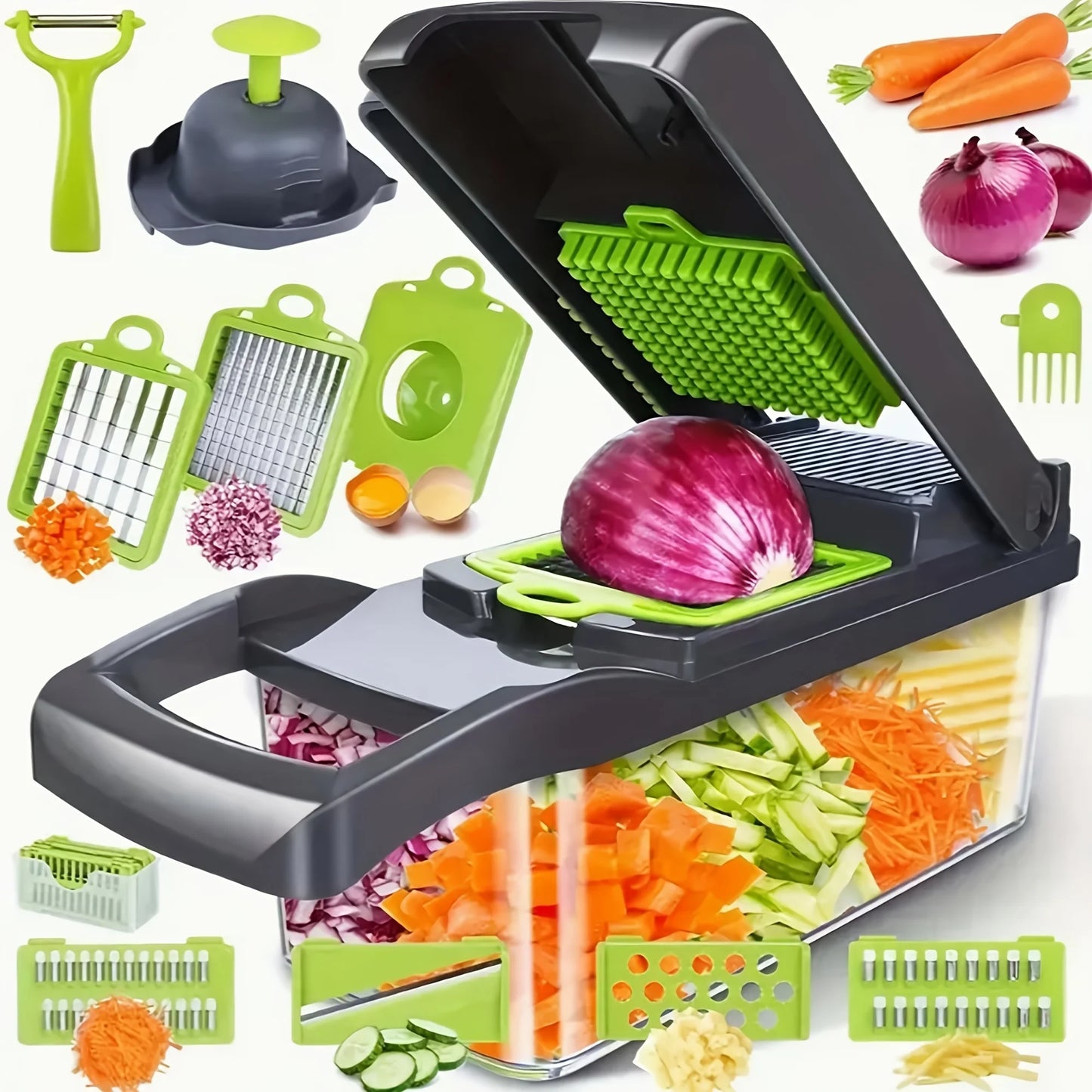 16-in-1 Manual Vegetable Chopper with Container & 8 Blades