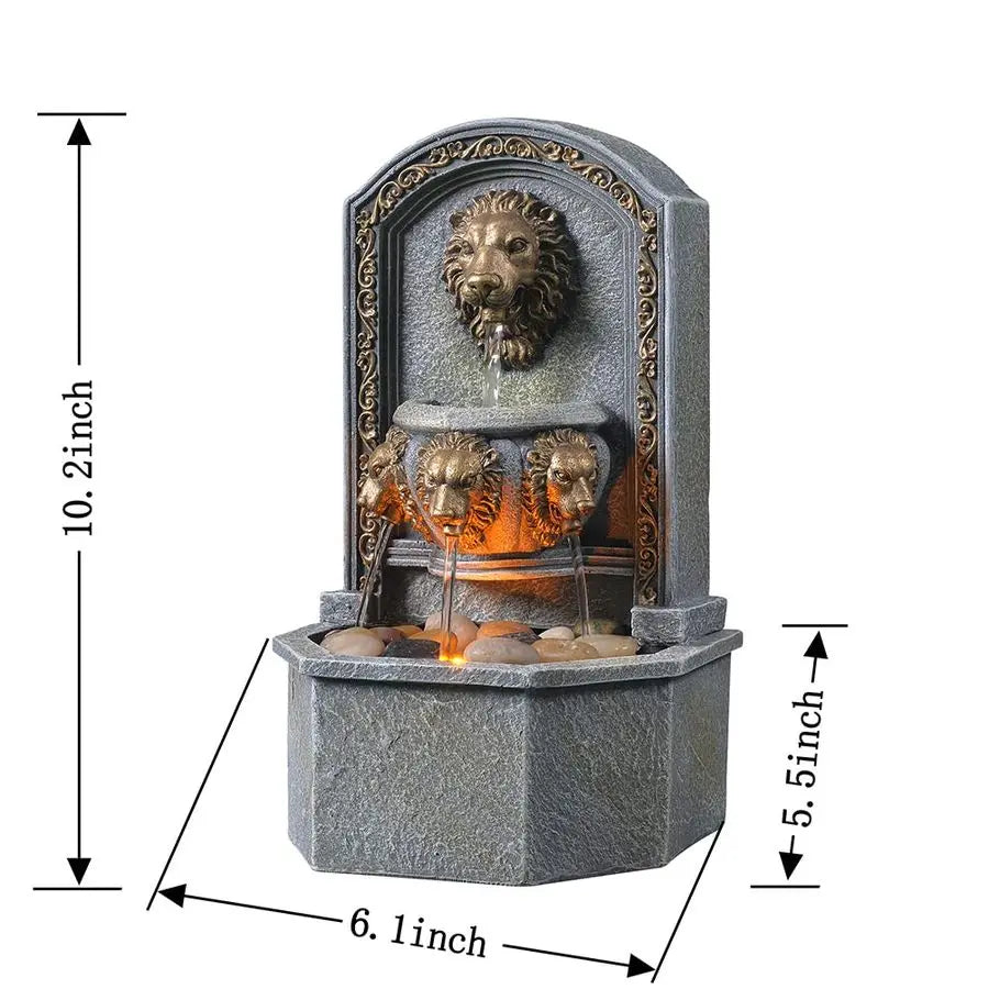 10.3" Tabletop Lion Head Polyresin Indoor Zen Waterfall