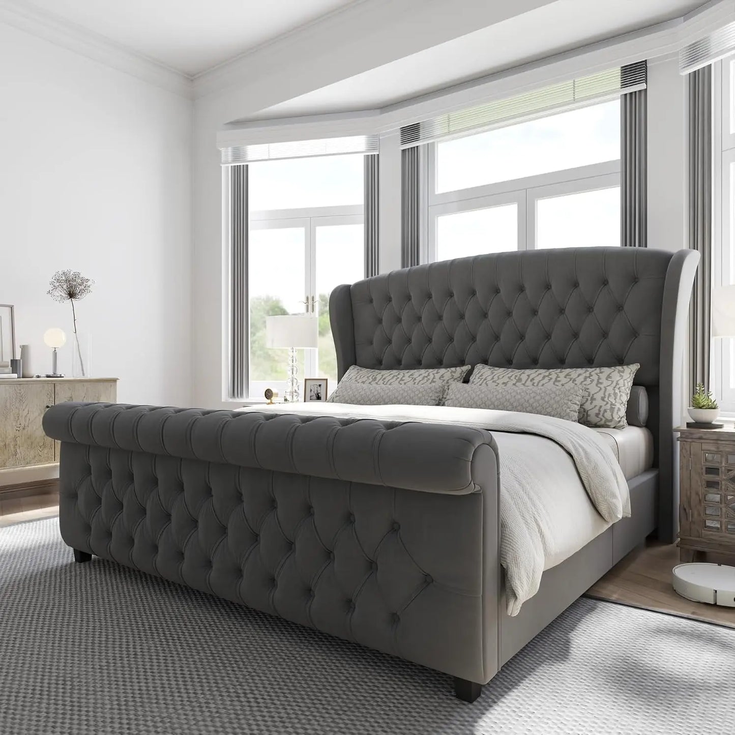 California King Sleigh Platform Bed Frame, Upholstered Headboard & Footboard