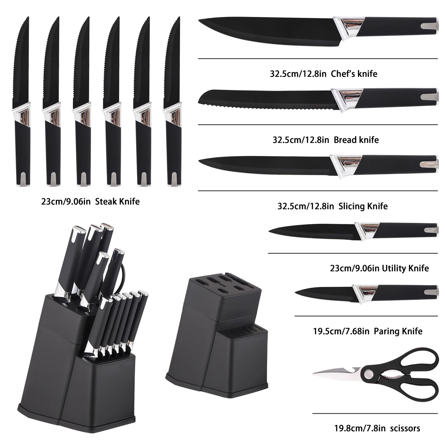 13Pcs Professional Kitchen Knife Block Set with 6 Steak Knives