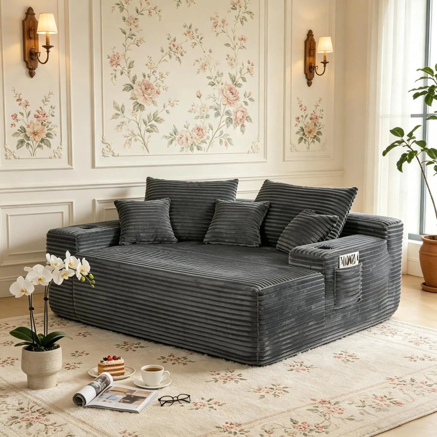 Boneless Cozy Convertible Chaise Lounge Chair w/Wide Armrest, Pillows