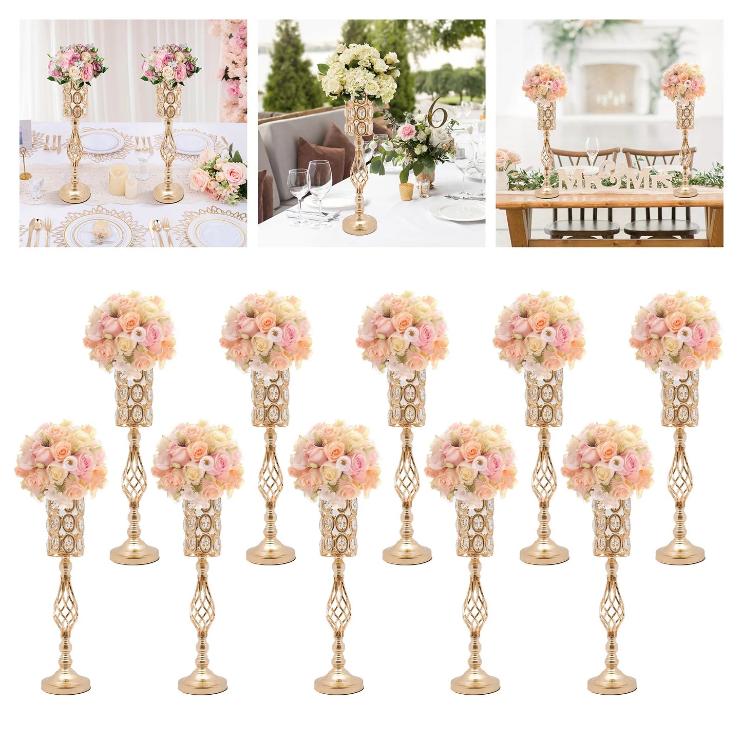 10pc Iron Flower Vases,61cm Gold/Silver Tabletop Vase for Centerpiece