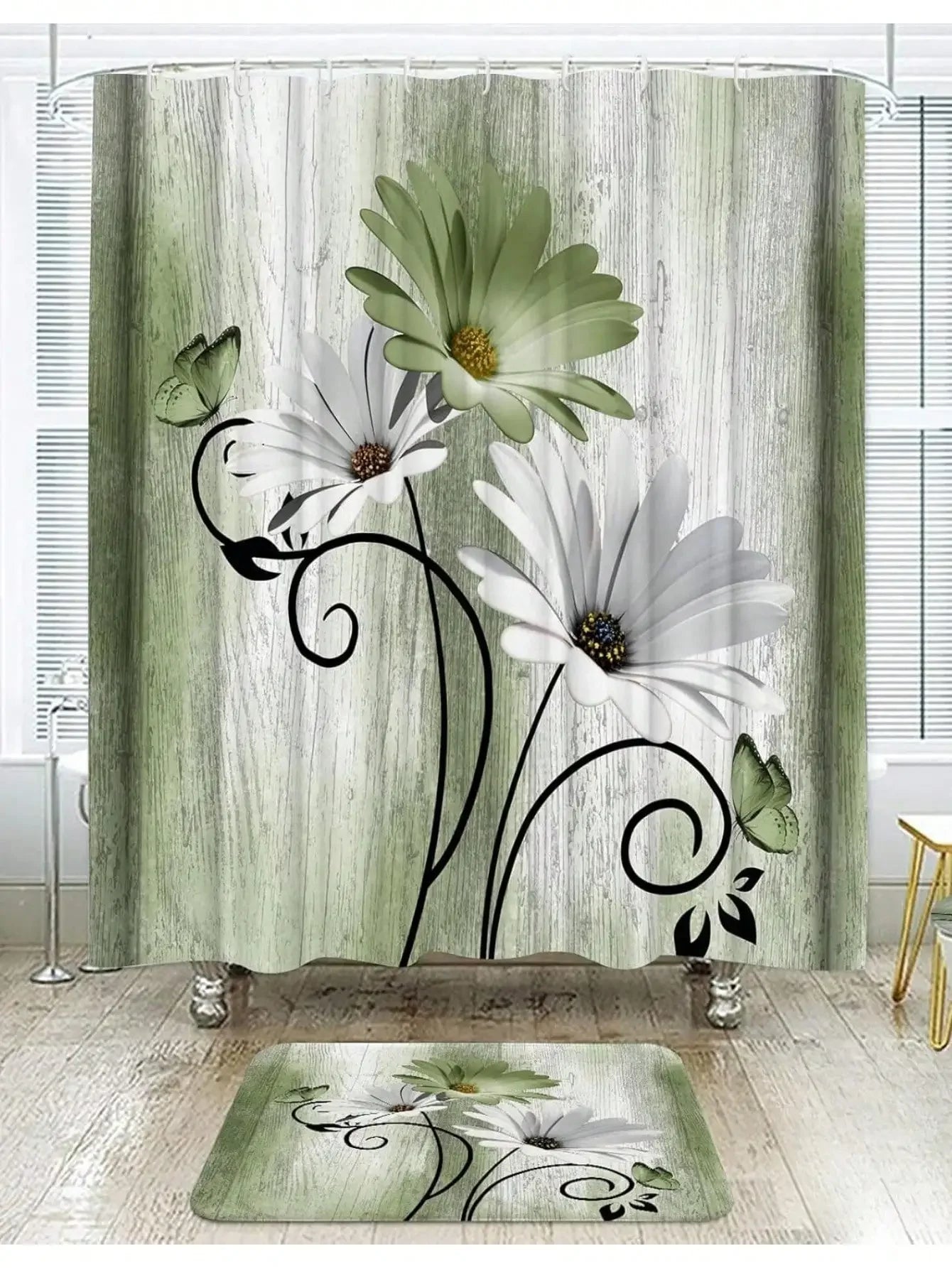 Floral Shower Curtain and Anti-Slip Bathroom Mat, Multi-Colors