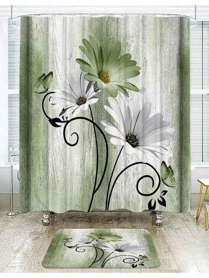 Floral Shower Curtain and Anti-Slip Bathroom Mat, Multi-Colors