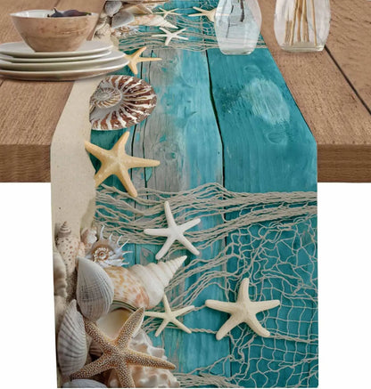 Summer Beach Starfish Shell Linen Table Runner