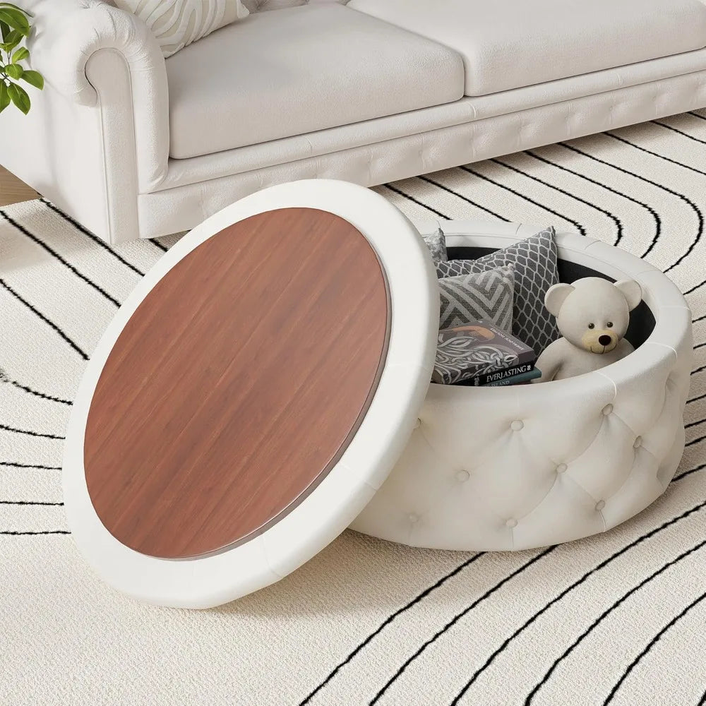 30 Inch Round Storage Ottoman, Coffee Table, Footstool