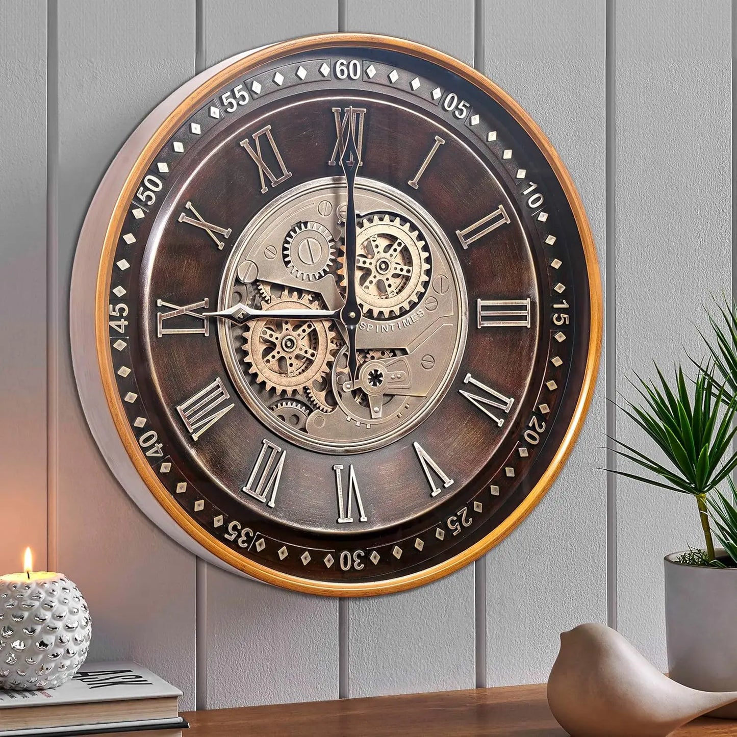 Antique Gold Roman Numeral 24" Moving Gears Wall Clock