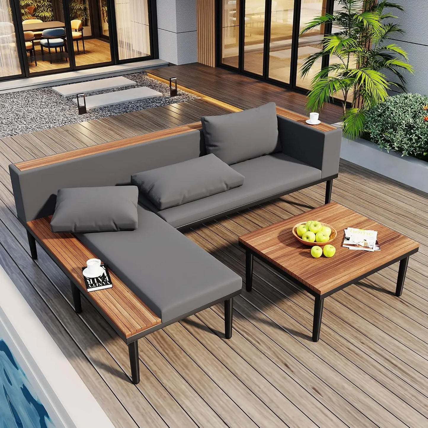 4 pc Acacia Wood Outdoor Sectional Slatted Sofa Set w/Cushions