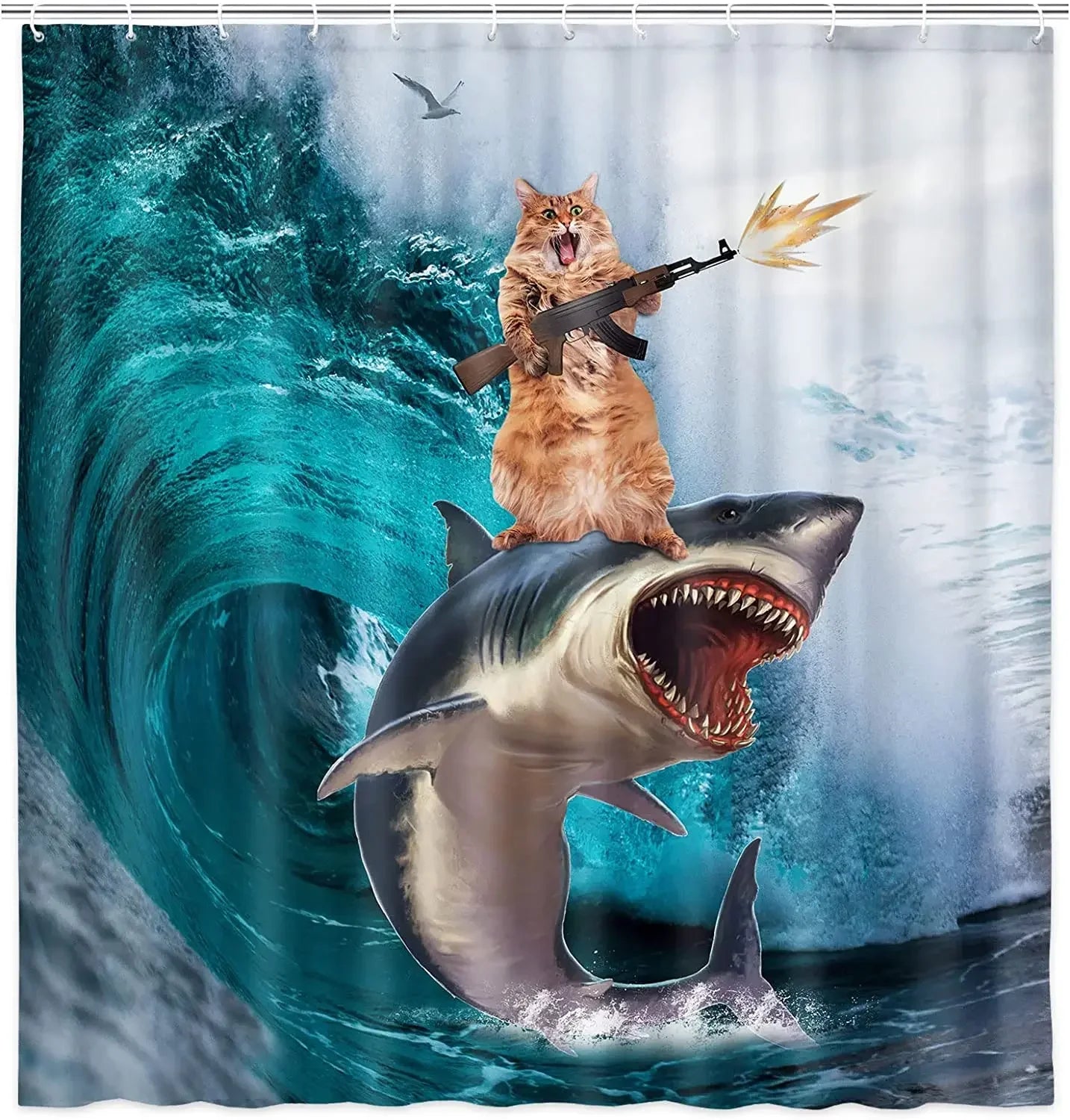 Cool Cat Riding Shark Seagull on Ocean Sea Blue Waves