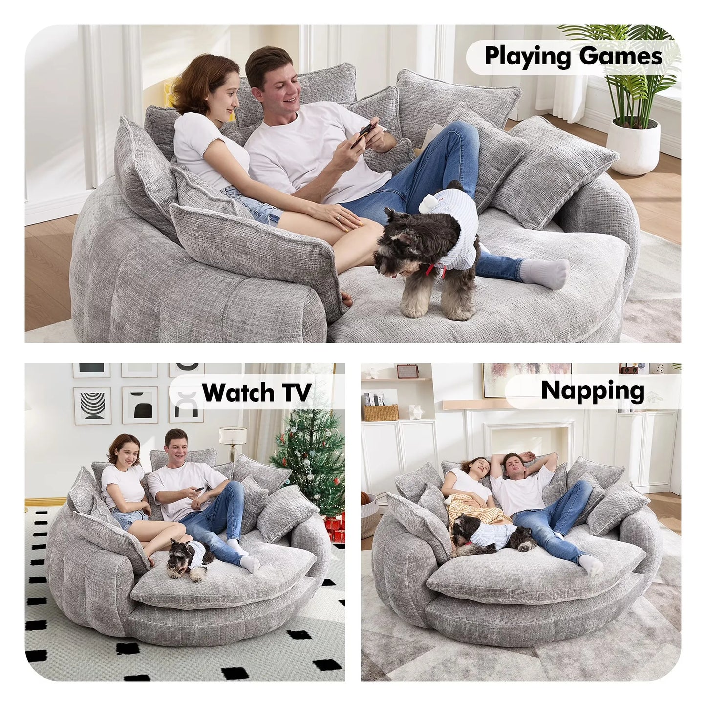 81.1" Oversized Round Chaise Lounge Chair with 14 Pillows, Modern Chenille