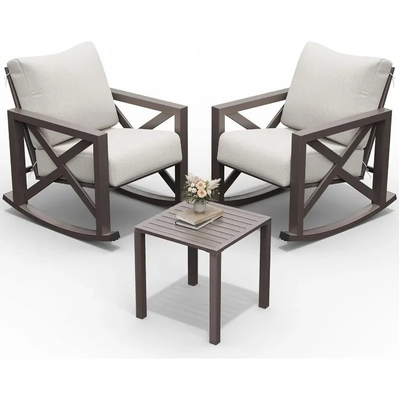 2 Outdoor Rocking Chair Set w/Table and 6.5" Water-Resistant Cushions