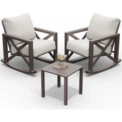2 Outdoor Rocking Chair Set w/Table and 6.5" Water-Resistant Cushions