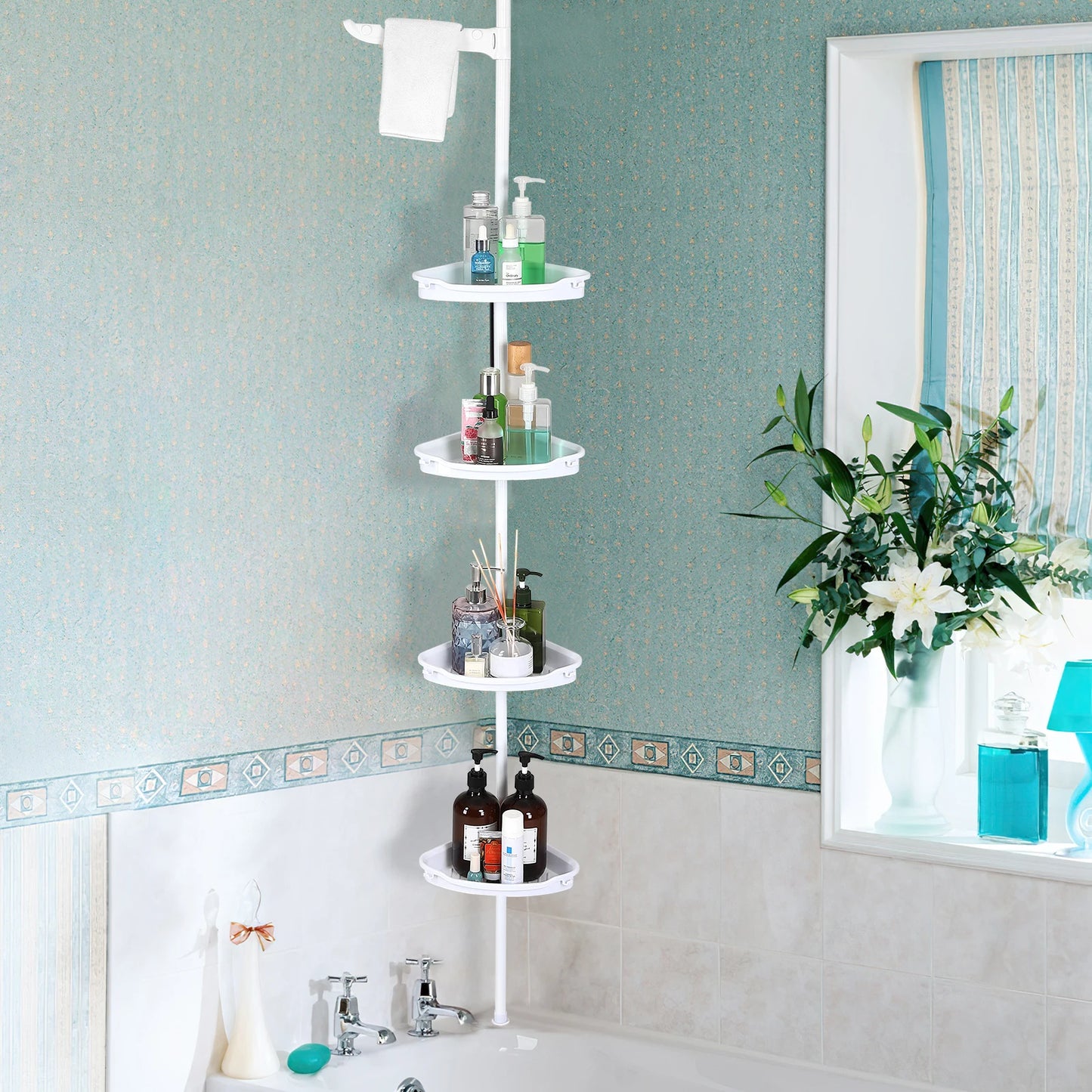 122" Adjustable Corner Shower Caddy with Tension Pole, 4-Tier