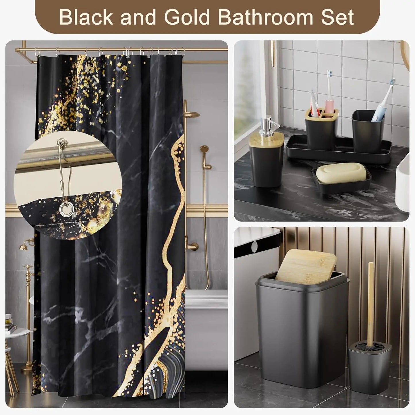 Black and Gold Waterproof Shower Curtain Set w/Non-Slip Rugs